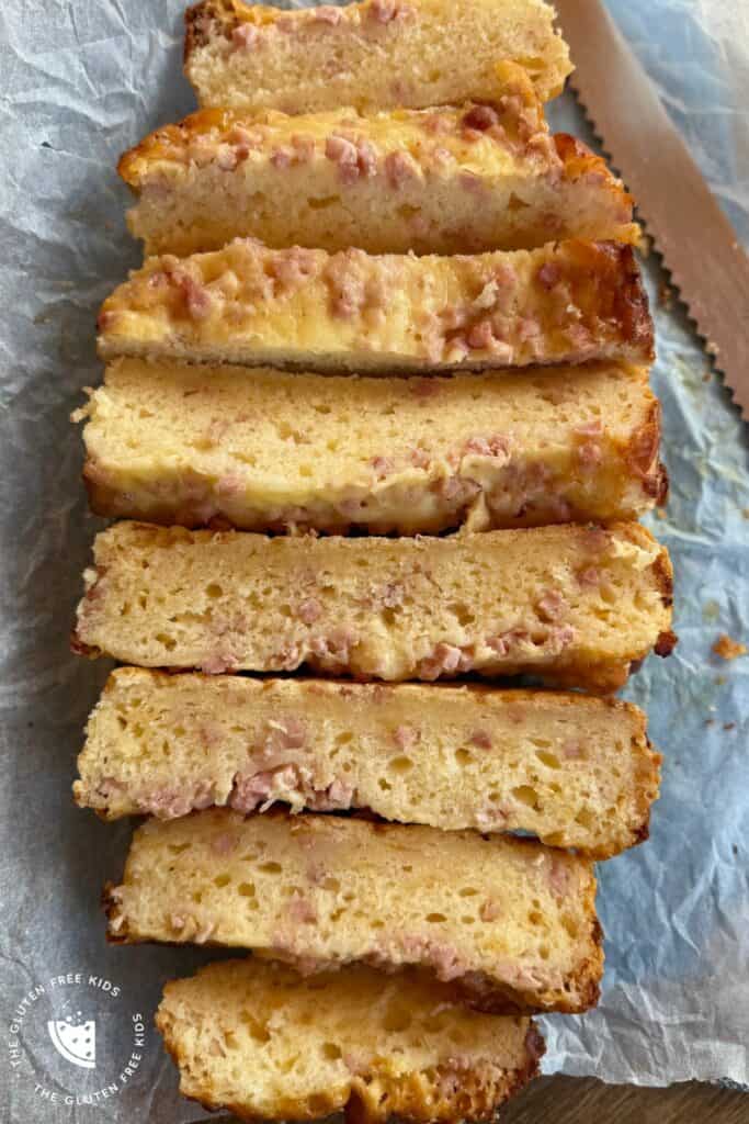 Freshly sliced gluten-free cheese and bacon bread