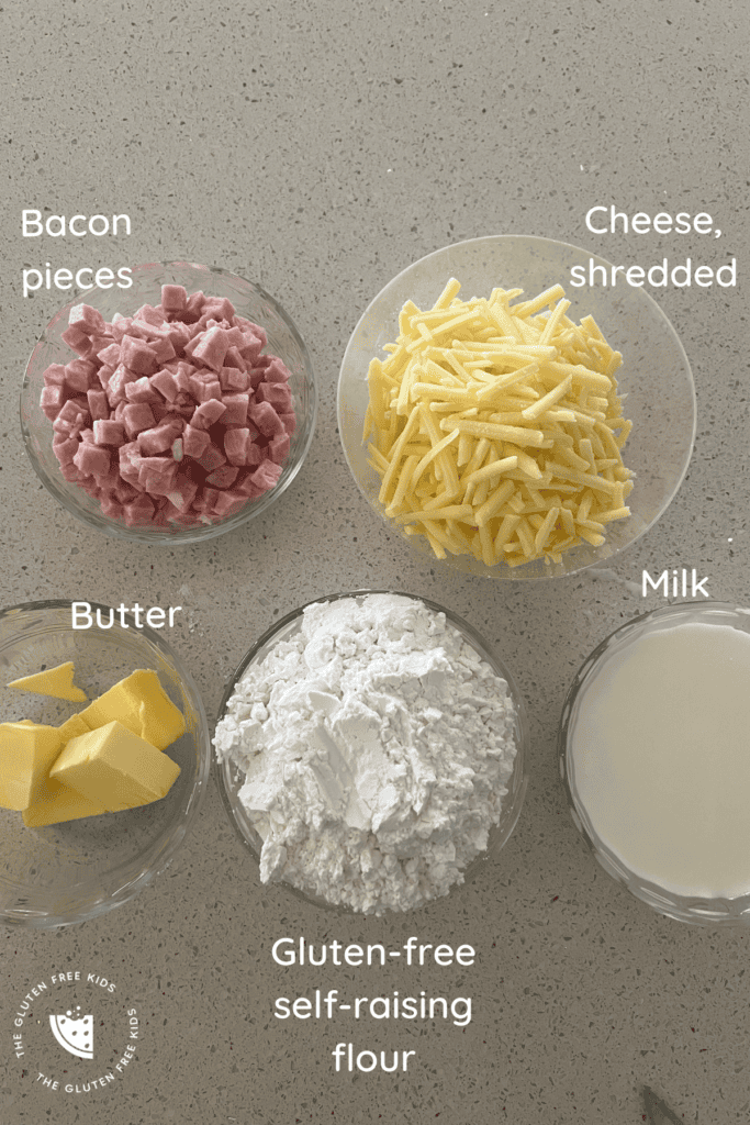 Ingredients to make gluten free cheese and bacon bread