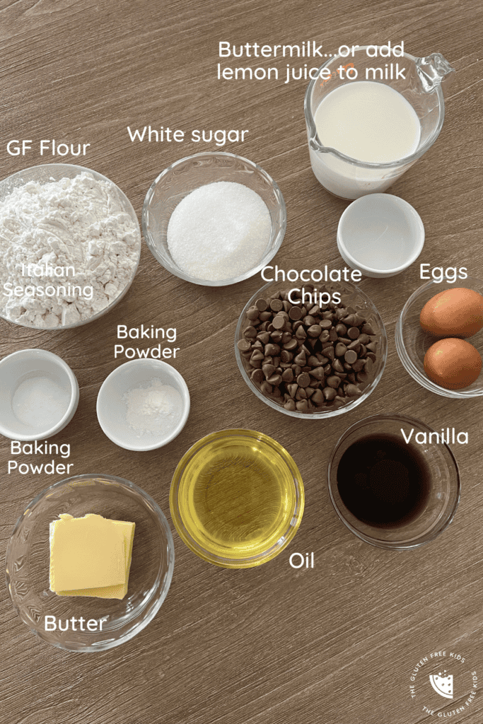 Ingredients to make gluten free choc chip muffins