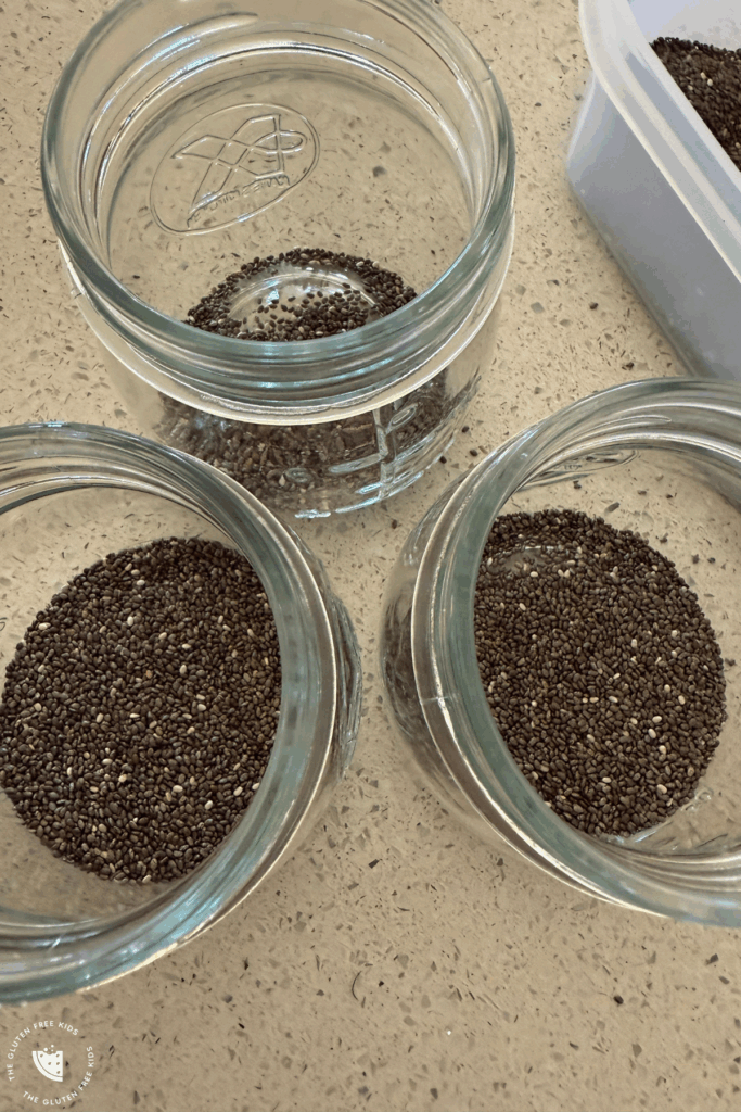 Add 1 tablespoon of chia seeds into each of three jars or small containers
