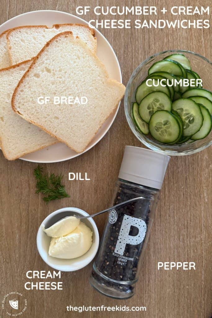 Ingredients to make Cucumber Cream Cheese Sandwiches gluten free
