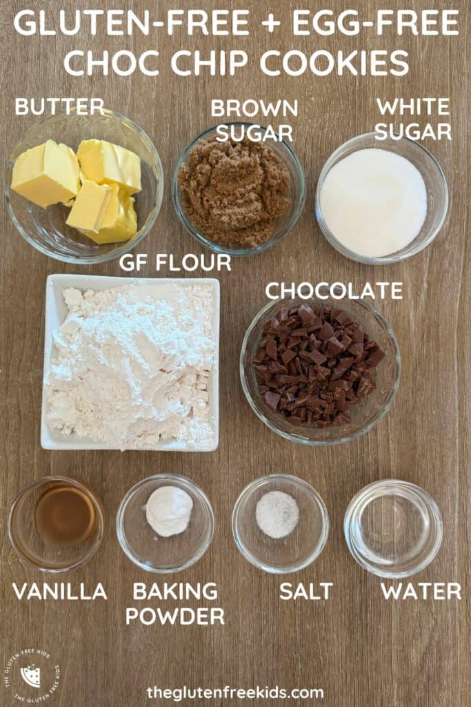 Ingredients to make Gluten-Free Egg-Free Chocolate Chip Cookies