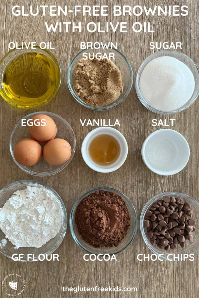 Ingredients to make gluten-free brownies with Olive Oil no butter