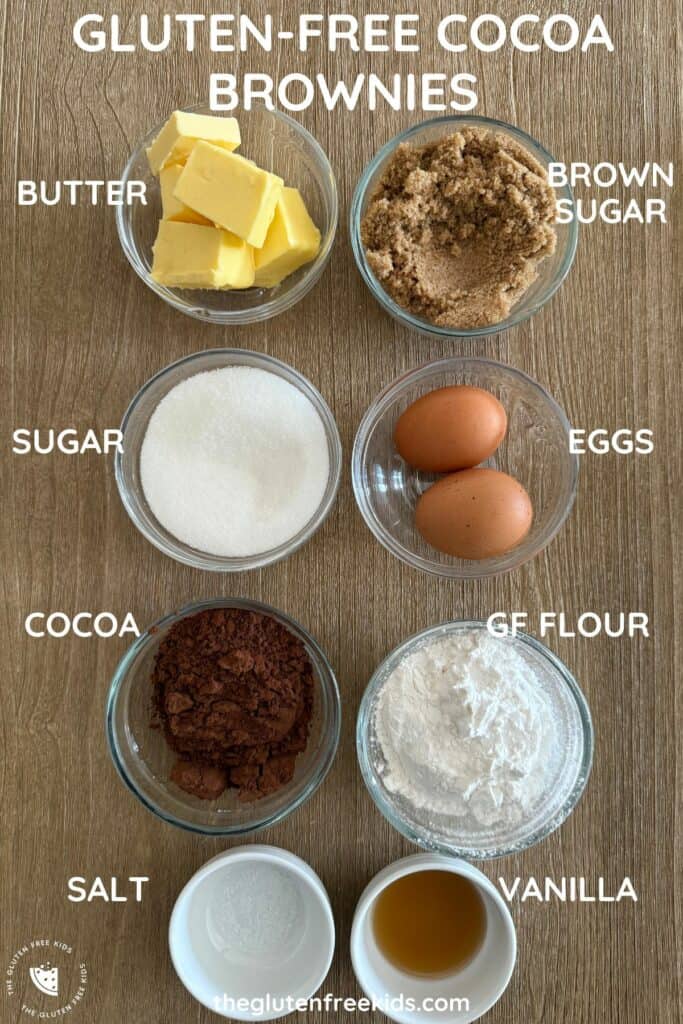 Ingredients to make gluten free cocoa brownies