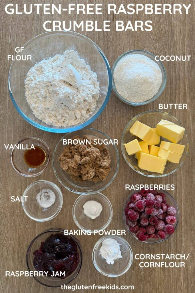 Ingredients to make gluten-free Raspberry Crumble Bars