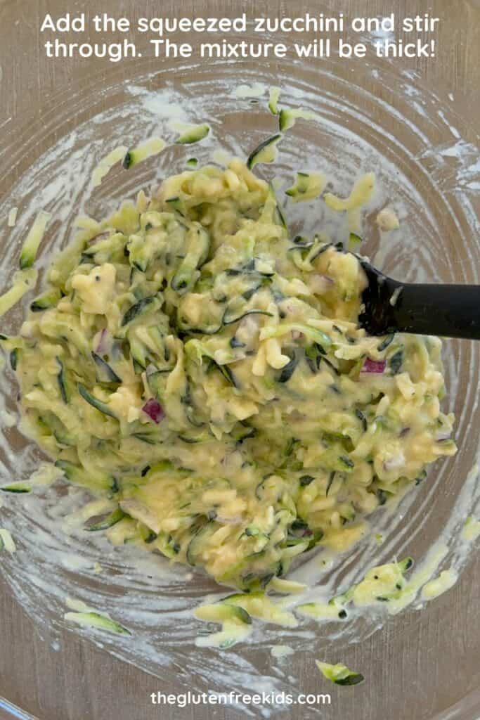 Add the squeezed zucchini and stir through. The mixture will be thick