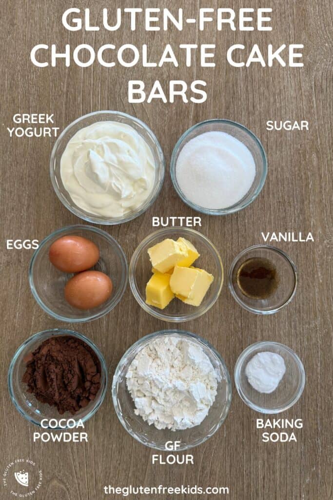 Ingredients to make gluten-free chocolate cake bars
