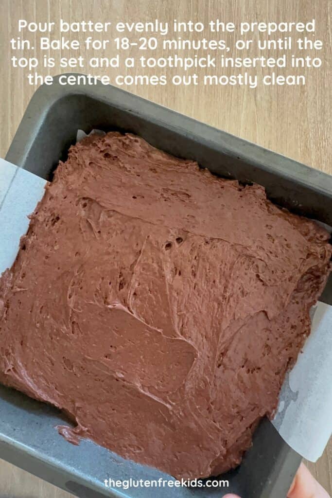 Pour batter evenly into the prepared tin. Bake for 18–20 minutes,