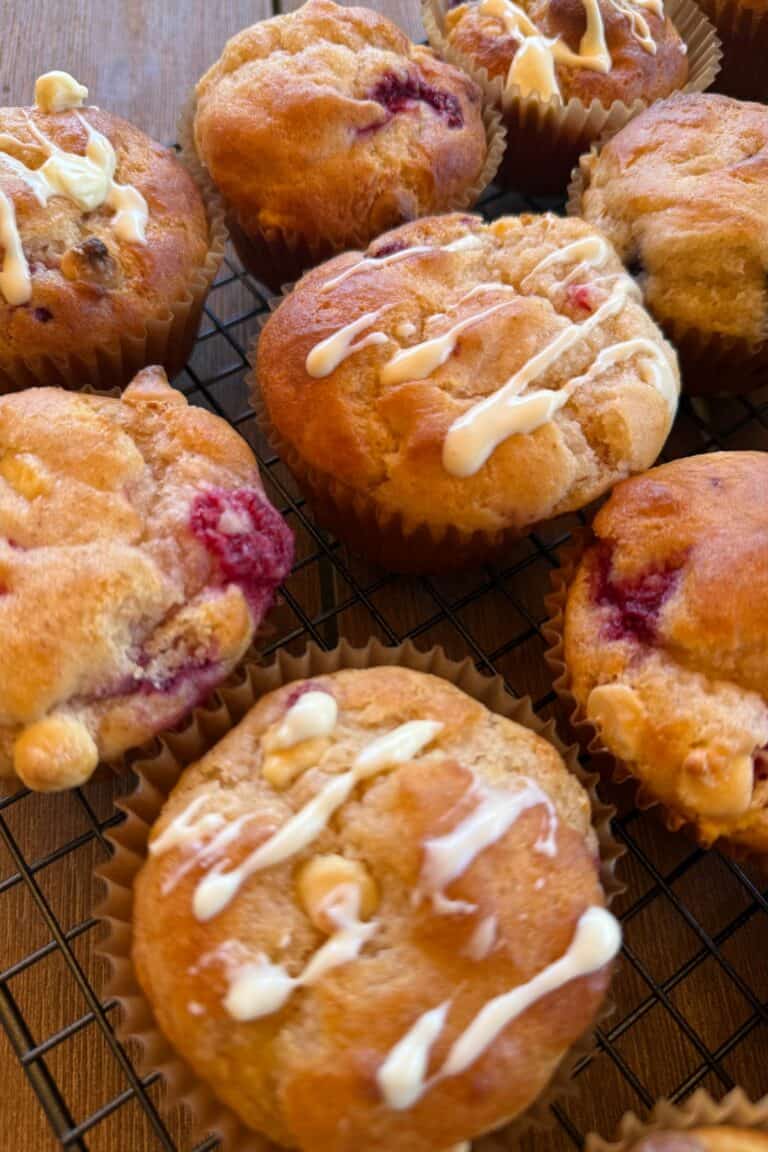 gluten-free raspberry and white chocolate chip muffins