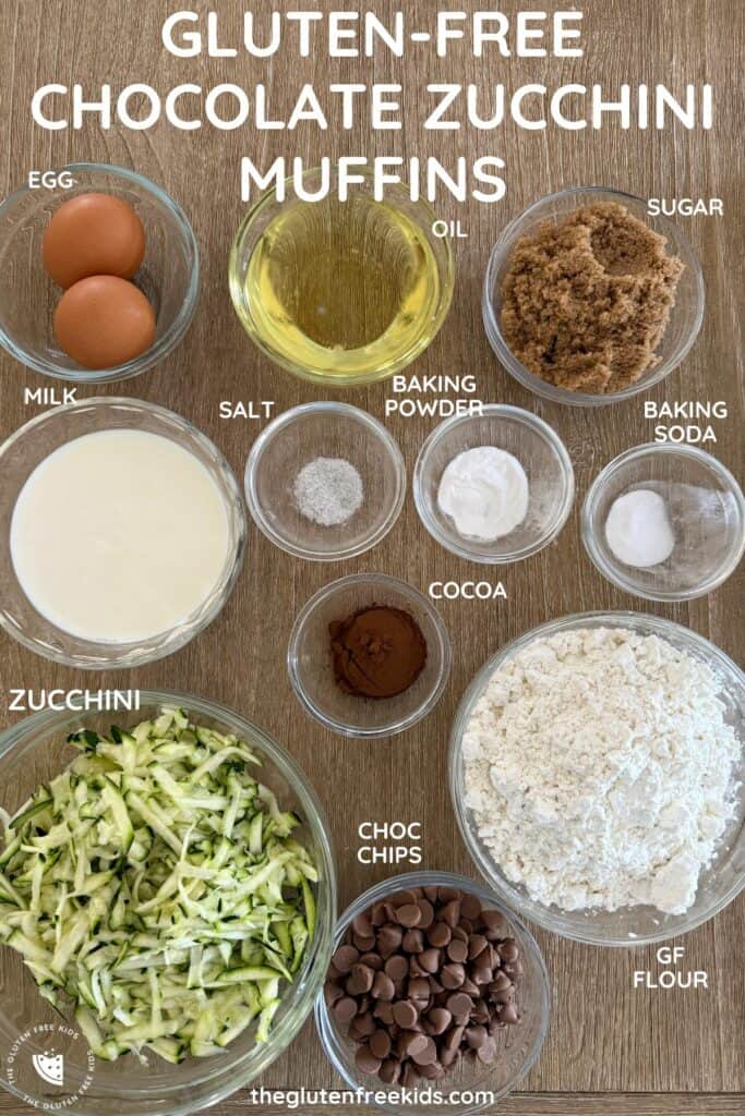 ingredients to make gluten-free chocolate zucchini muffins