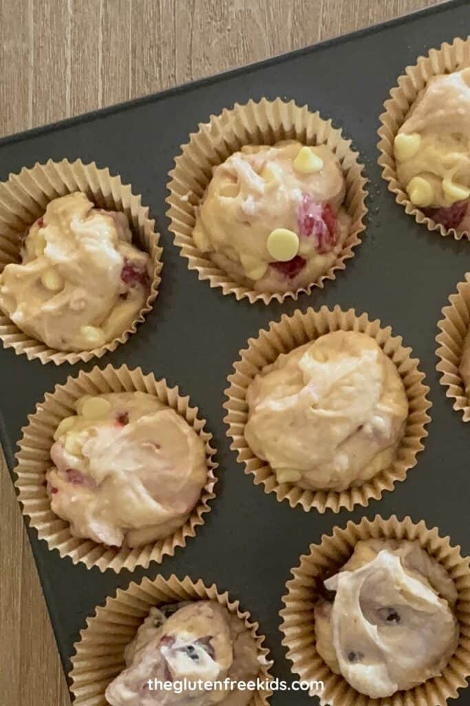 place the gluten free raspberry batter into the liners