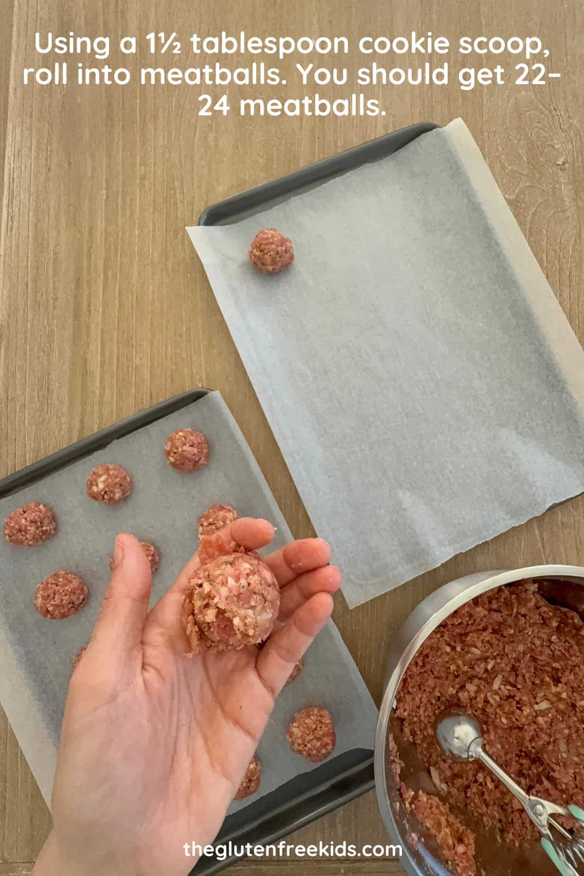 Using a 1½ tablespoon cookie scoop, roll into meatballs.