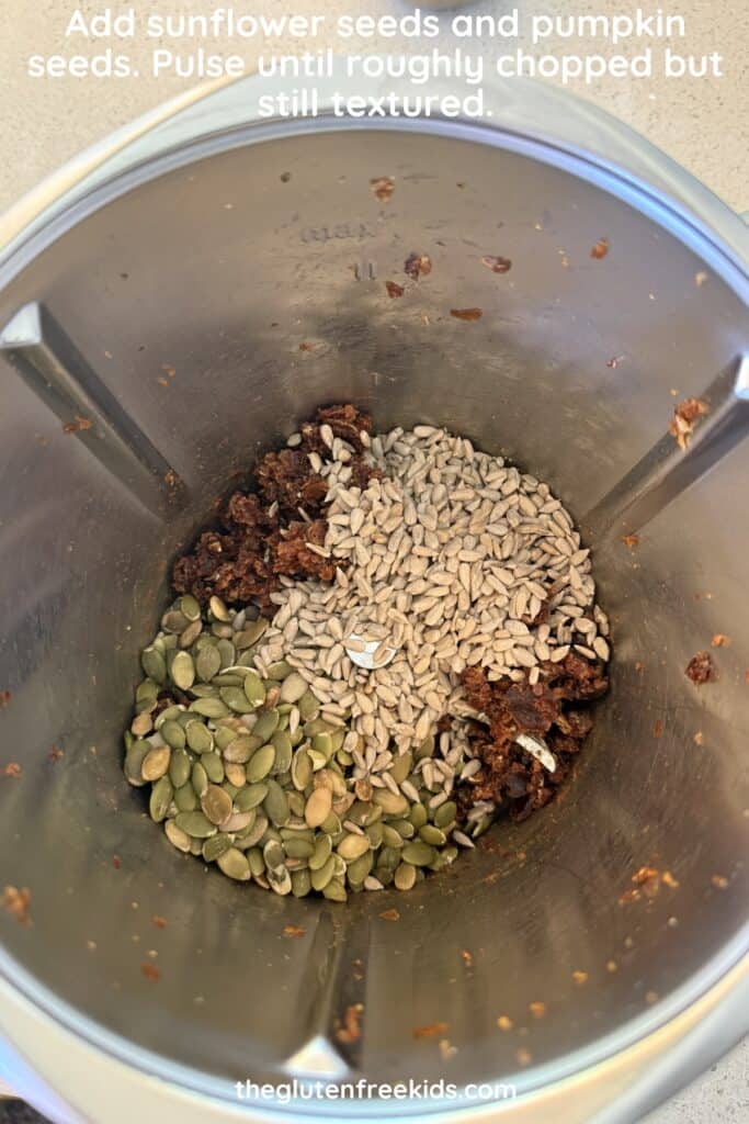 Add sunflower seeds and pumpkin seeds Pulse until roughly chopped but still textured.