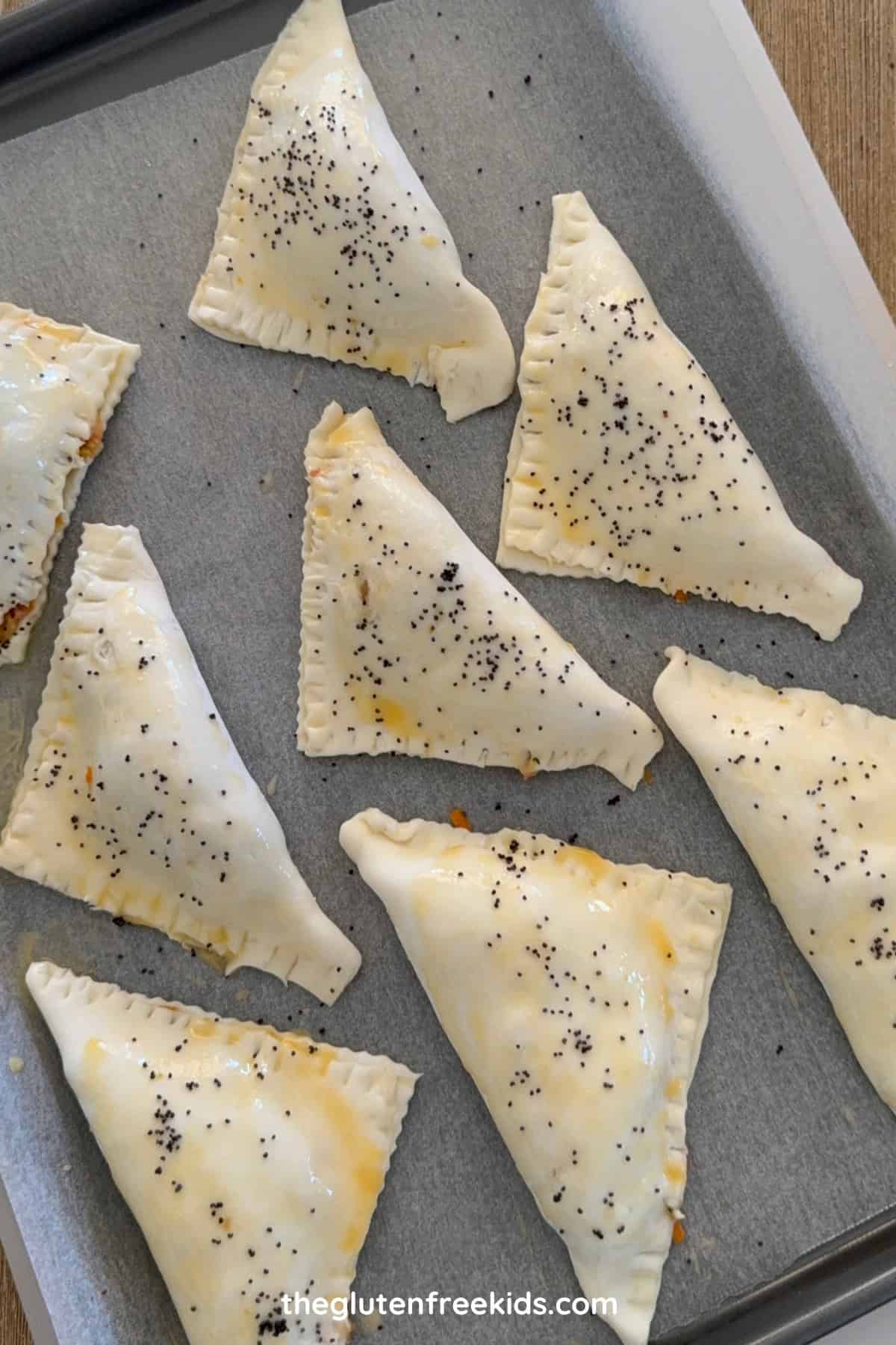 Curry Beef Triangles placed on tray to be baked in oven